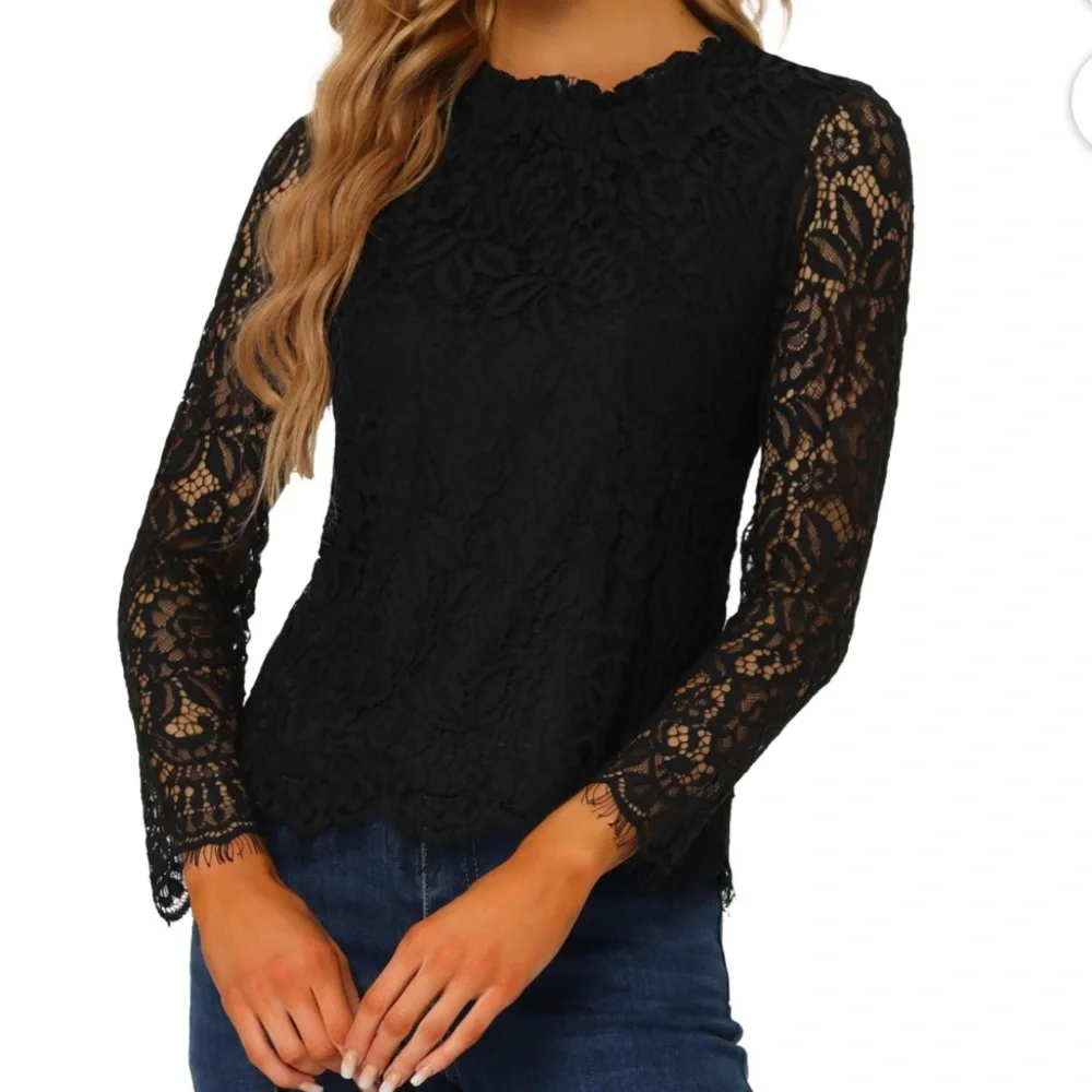 Allegra K Women's Ruffle Round Neck Long Sleeves Mesh Lace Floral Blouse New